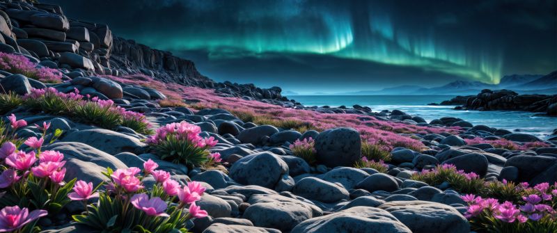 Rocky beach, Aurora sky, Landscape, Aurora Borealis, Serenity, Majestic, Northern Lights, 5K