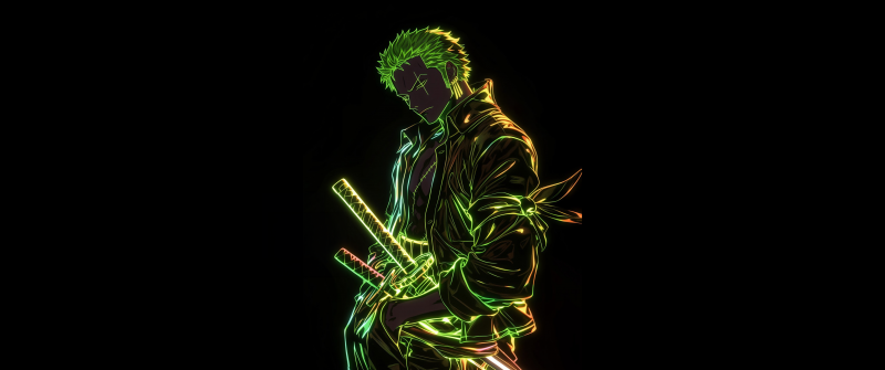 Roronoa Zoro, Neon art, AMOLED, Black background, One Piece, 5K