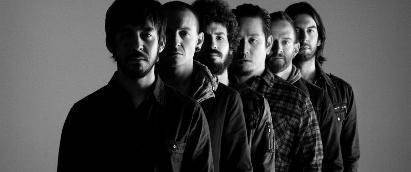 Linkin Park, American rock band, Joe Hahn, Dave Farrell, Brad Delson, Mike Shinoda, Rob Bourdon, Chester Bennington, Monochrome, 5K, Black and White