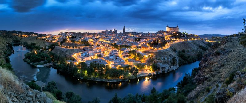 Toledo, Spain, Cityscape, Nightscape, Night City, City lights, 5K, 8K, Panoramic