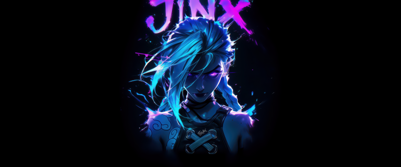 Arcane Jinx, Neon art, League of Legends, Dark background, Dark aesthetic, 5K