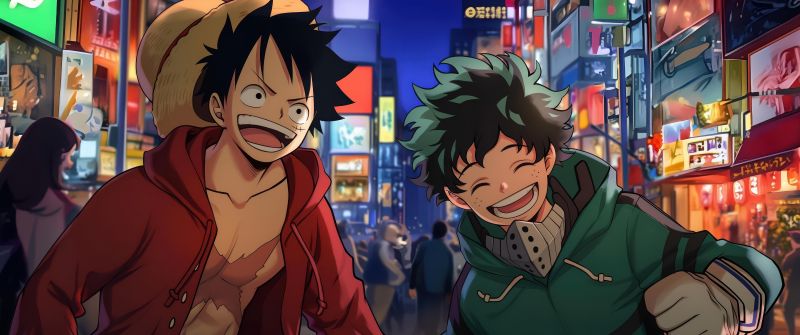 Monkey D. Luffy, Izuku Midoriya, My Hero Academia, One Piece, 5K, Laughing