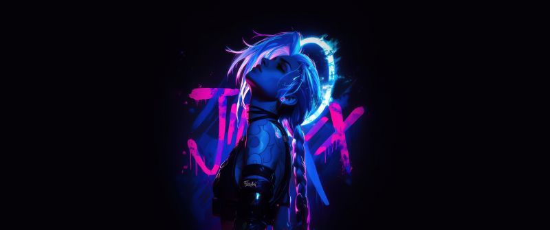 Jinx, Neon art, 5K, Dark background, League of Legends