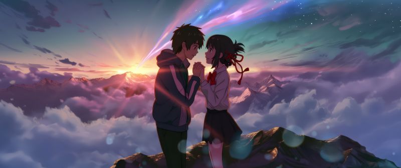 Kimi no Na wa, Love couple, Your Name, Mitsuha Miyamizu, Taki Tachibana, 5K, Anime couple, Comet Tiamat, Shooting stars