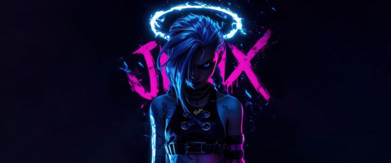 Jinx (Arcane), Neon art, Dark background, 5K, League of Legends