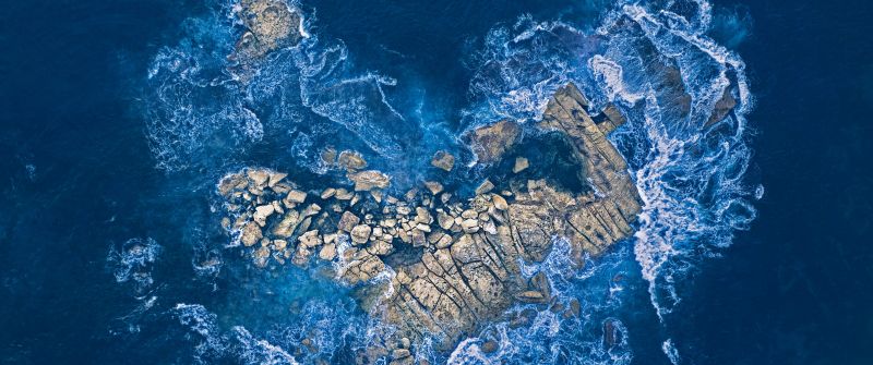 Heart shape, Rock island, Ocean Waves, Aerial Photography, Love heart, Blue aesthetic, Ocean blue, 5K