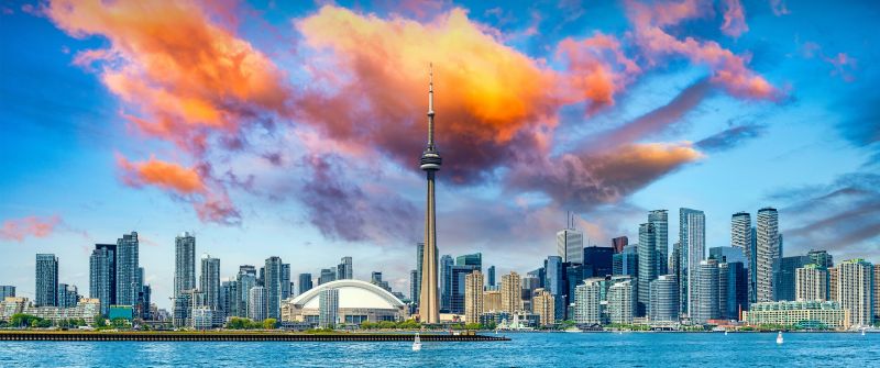 Toronto, Cityscape, Panorama, CN Tower, Canada, Toronto Skyline, Cloudy Sky, Rogers Centre, Lake Ontario