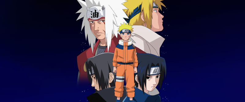 Jiraiya, Minato Namikaze, Sasuke Uchiha, Naruto Uzumaki, 5K, Dark blue