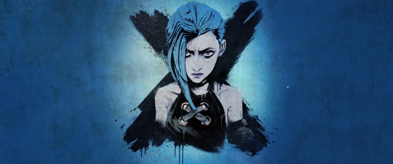 Jinx, Blue aesthetic, Graffiti, Artwork, Arcane: League of Legends, 5K, Blue background