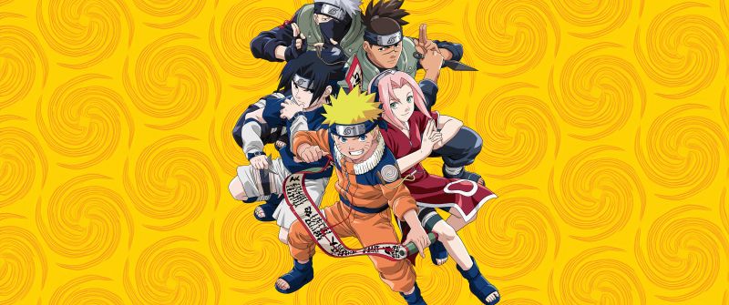 Naruto Team 7, Yellow background, Kakashi Hatake, Sasuke Uchiha, Sakura Haruno, Naruto Uzumaki