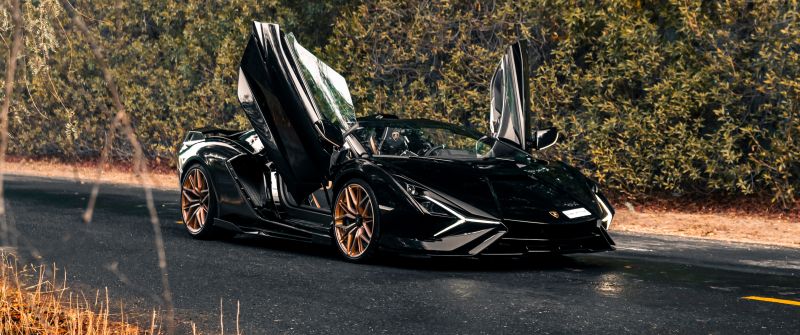 Lamborghini Sián Roadster, Black cars, Hybrid sports car, 5K, Tarmac