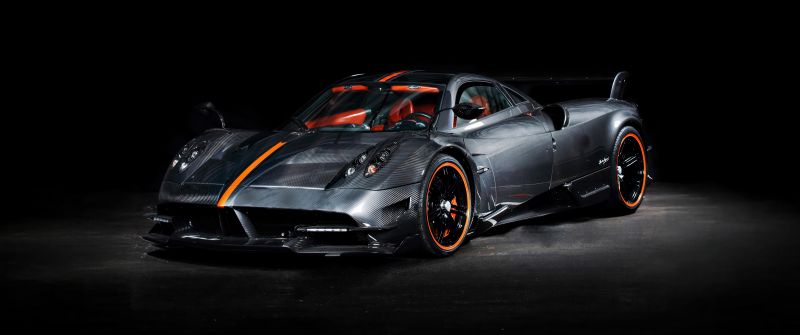 Pagani Huayra BC, Hypercar, Black background, Black cars, 5K, Carbon Fiber, Sports cars