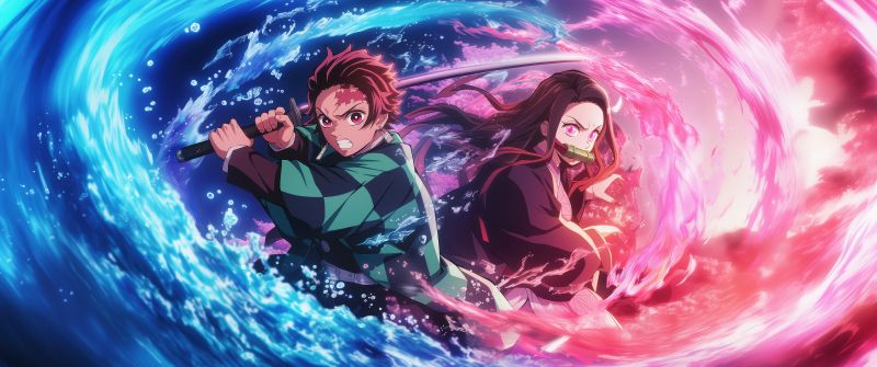 Tanjiro & Nezuko, Ultrawide, Demon Slayer: Kimetsu no Yaiba, Tanjiro Kamado, Nezuko Kamado, Water Breathing, 5K