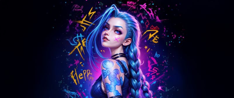 Jinx, Colorful art, Arcane: League of Legends, AI art, Dark background, Neon art, 5K