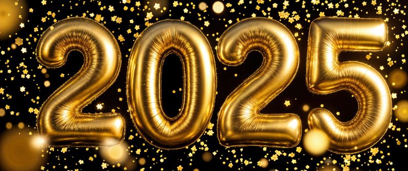 2025, Foil balloons, Golden letters, Confetti, 2025 New Year, 5K, New Year celebrations