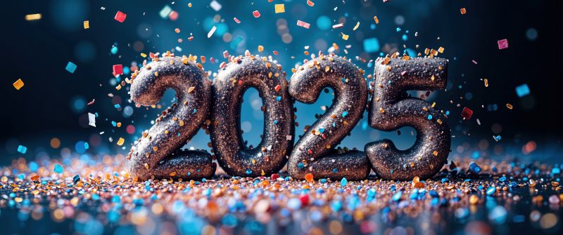 2025 New Year, Confetti, 5K, New Year celebrations, Glitter background, Sparkles