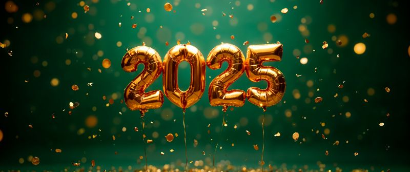 2025 New Year, Foil balloons, Golden, Confetti, 5K