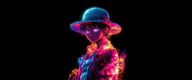 Monkey D. Luffy, Neon art, 5K, 8K, Black background, One Piece