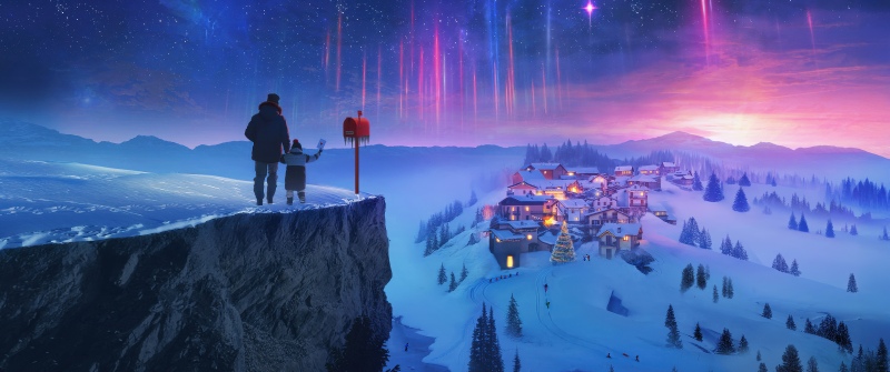 Snowy village, Winter, Aurora sky, Night sky, Christmas Eve, Magical, Cliff, Father - Son, Holidays, Northern Lights, 5K, Snow covered