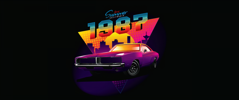 Dodge Charger, California, Summer, AMOLED, 5K, Purple, Black background, Vintage car, Synthwave