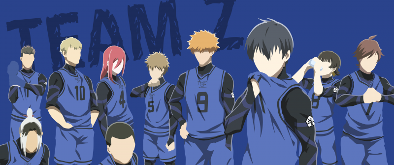 Team Z (Blue Lock), Faceless, Blue background, Blue Lock, Team Z, Yoichi Isagi, Meguru Bachira, Rensuke Kunigami, Hyoma Chigiri, Gin Gagamaru, Jingo Raichi, Gurimu Igarashi, Wataru Kuon, Asahi Naruhaya, Yudai Imamura, Okuhito Iemon