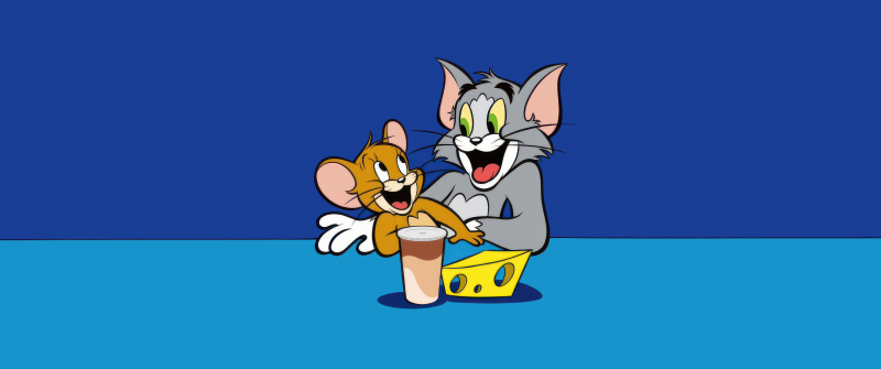 Tom and Jerry, 8K, Cartoon, Blue background, Tom & Jerry, 5K, Tom cat, Jerry mouse