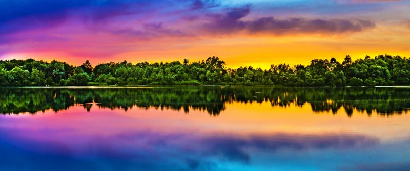 Evening sky, Multicolor, Colorful, Lake reflection, Sunset, Water, Bright, Landscape, 5K, 8K