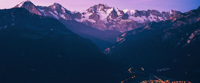 Mountain Peak, Purple, City lights, Aerial view, Dawn, 5K