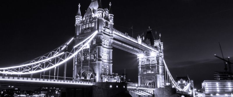 Tower Bridge, London, River Thames, Monochrome, Dark background, Lights, Cityscape, Night, Moon, England, Black and White