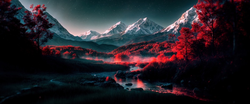 Dramatic, Scenery, Landscape, Scenery, Mountains, Forest, River, Night, Starry sky, Trees, Fog, Red aesthetic