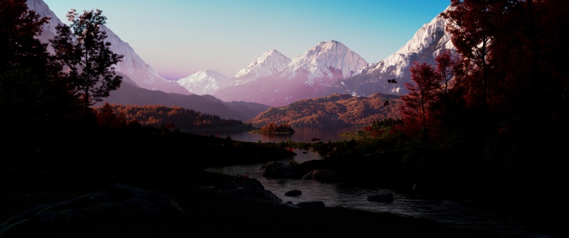 Mountain range, Landscape, Scenery, Majestic, Lake, Trees, Forest, Outdoor, Scenic, Peaceful, Serenity, Snowcapped mountains, Autumn foliage