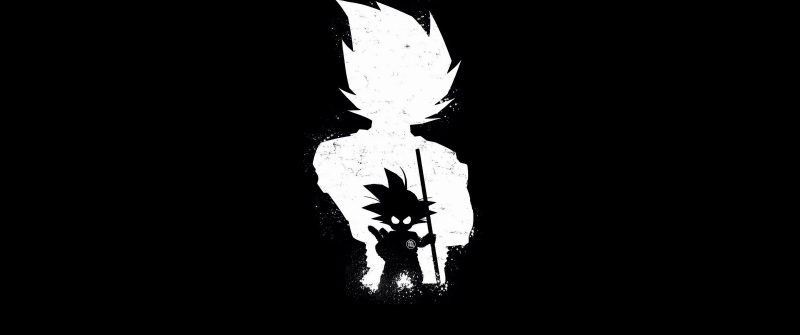 Goku, Black and White, Silhouette, AMOLED, Minimalist, 5K, Black background