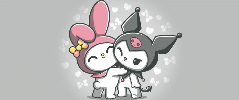 My Melody and Kuromi, Hug, Kawaii cartoon, Friends, Friendship, My Melody, Kuromi, 5K, 8K, Grey background, Sanrio