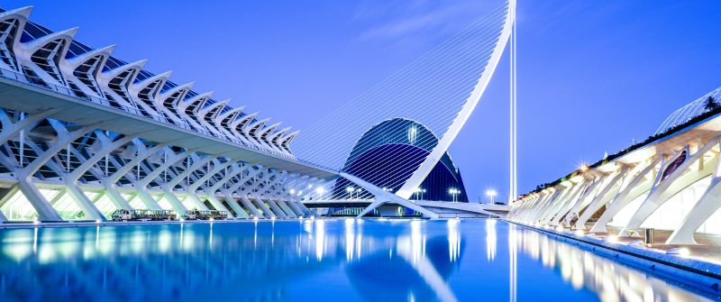 City of Arts and Sciences, 8K, Valencia, Spain, Blue hour, Water, Reflection, Lights, Dusk, 5K