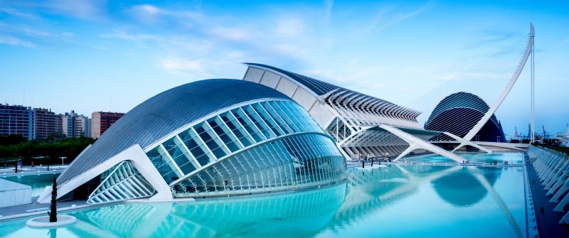 City of Arts and Sciences, Valencia, Spain, Pool, Blue hour, Sky view, Evening, Water, Reflection, 5K
