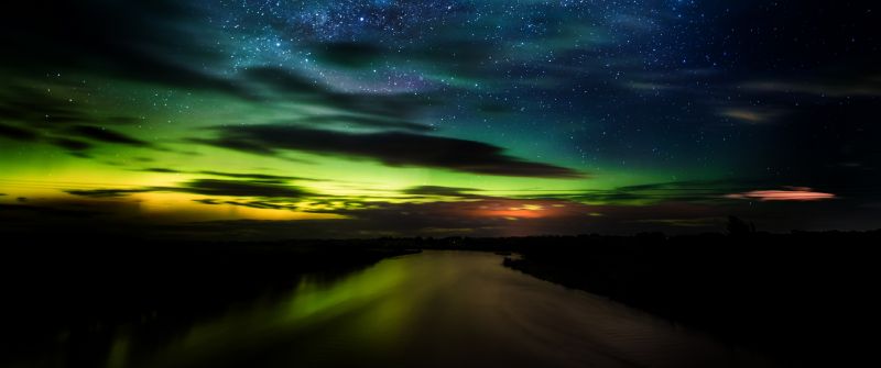 Aurora Borealis, Stars, Clouds, New Zealand, Dawn, Night, River, Green, Blue Sky, Dark background, 5K