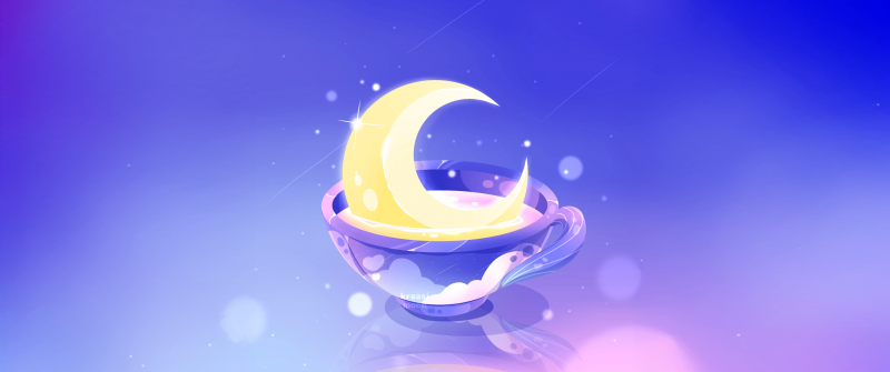 Dreamy, Crescent Moon, Aesthetic, Tea cups, Glowing, Celestial, Magical, Blue and Purple, Sparkling, 5K, Blue gradient, Gradient background