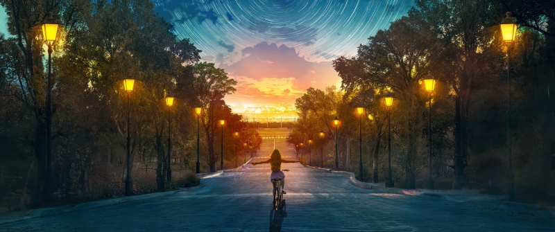 Moon, Star Trails, Dreamy, Surrealism, Dreamlike, Night sky, Cosmic phenomena, Glowing, Street lights, Bicycle, Freedom, Exploration, 5K, Sunset, Dusk, Dream girl