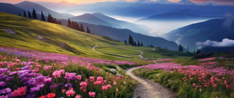 Mountain Landscape, Meadow, Wildflowers, AI art, Scenic, Pathway, Sunset, Rolling hills, Misty mountains, Vibrant, Peaceful, Valley, Outdoor, 5K