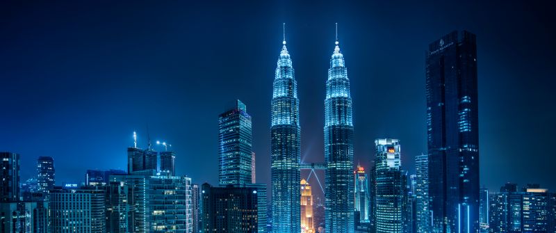 Petronas Towers, Kuala Lumpur, Malaysia, Cityscape, Night lights, Blue, Modern architecture, Skyscrapers, 5K, 8K