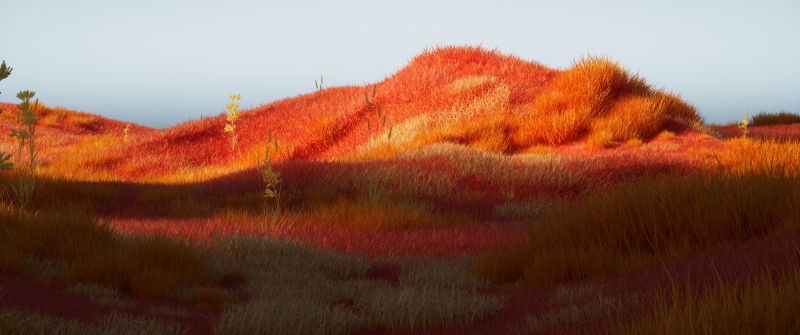 Orange aesthetic, Landscape, Surreal, Autumn Scenery, Red Grass, Minimalist, Dreamlike, Horizon, Ethereal, Moonrise, Serene, Wilderness, 5K