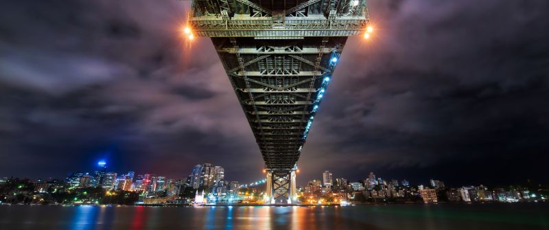 Sydney Harbour Bridge, Australia, Cityscape, River, Reflection, Night lights, Sky view, 5K