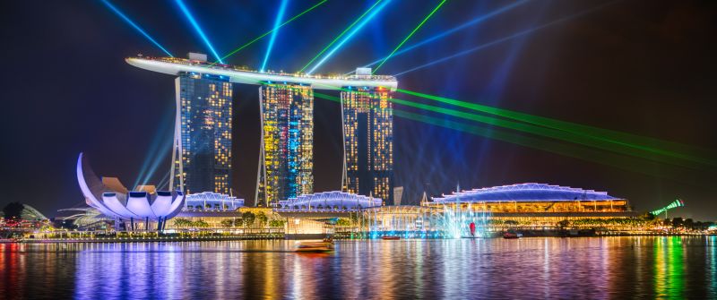 Marina Bay Sands, Light show, Singapore, Laser Lights, Colorful, River, Reflections, Cityscape, Night, 5K, 8K