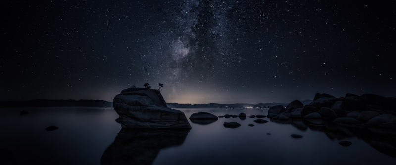 Bonsai Rock, Milky Way, Night, Lake Tahoe, Astrophotography, Night sky, Starry sky, Long exposure, Reflections, Galaxy, Dark Sky, Rock formations, Cosmos, Nightscape, 5K, Nevada