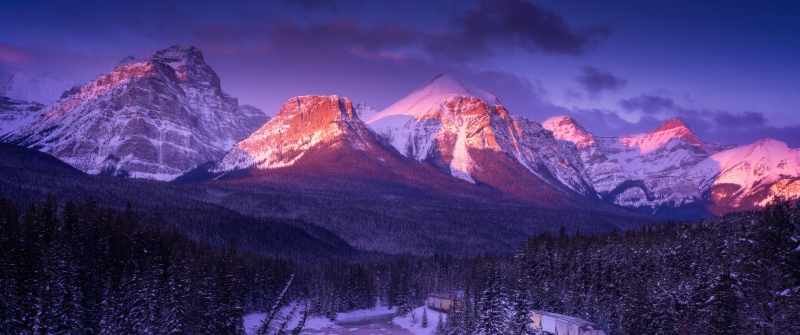 Morant's Curve, Alpenglow, Canadian Rockies, Winter Mountains, Winterscape, Winter forest, Snowy Mountains, Train, Sunset, 5K, Frozen, Pine trees, Scenic, Banff National Park, Majestic