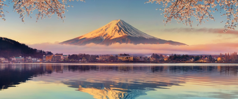 Lake Kawaguchi, Mount Fuji, Cherry blossom, Aesthetic, Sakura, 5K, Japan, Sunrise, Reflection, Serene, Spring, Snow covered, Pastel, Tourist attraction, Iconic