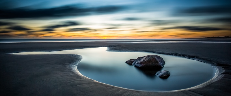 Tide pool, Beach, Sunset, Seascape, Long exposure, Reflection, Clouds, Coastal, Tranquility, Serene, Landscape, Ocean, Horizon, Golden hour, 5K, Smooth