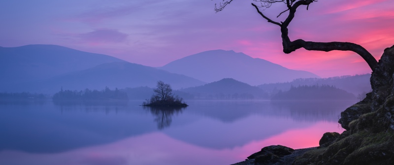 Pastel, Sunset, Lake, Mountains, Serene, Reflection, Silhouette, Lone tree, Dusk, Twilight, Misty, Scenic, Calm