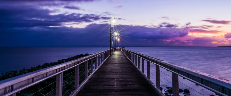 Seashore, Wooden pier, Bridge, Sunset, Purple, Dawn, Seascape, Holidays, Sky view, Horizon, Clouds, 5K