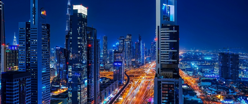 Dubai, Sheikh Zayed Road, Skyscrapers, City lights, Urban, Nightscape, Night City, Modern architecture, Downtown Dubai, High rise building, Dubai City Skyline, 5K, Long exposure, Night illumination, Night time